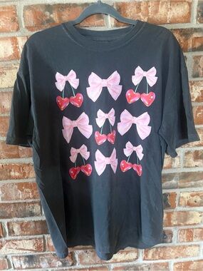 Comfort Colors Pepper Tee with Pink Bows and Red Cherry Graphics